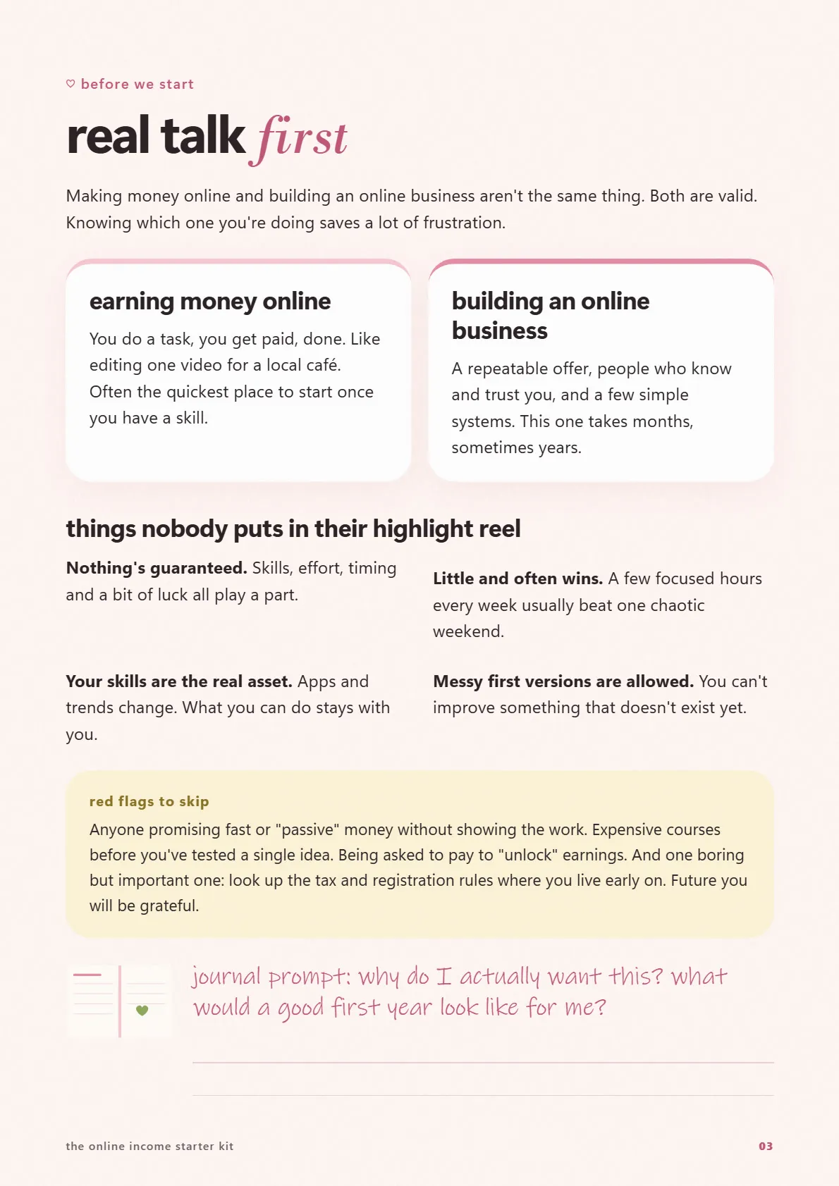 Starter Kit page 3: Real talk first